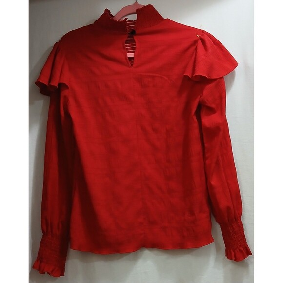 SHEIN Raspberry Red Textured Ruffle Trim High Neck Blouse XS L/S Chic Top LNC - Picture 5 of 7